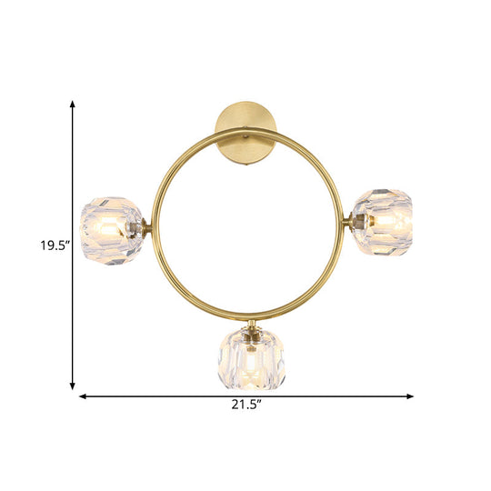 Contemporary 3-Head Brass Wall Sconce With Modo Crystal Shade - Ring/Square Light Fixture