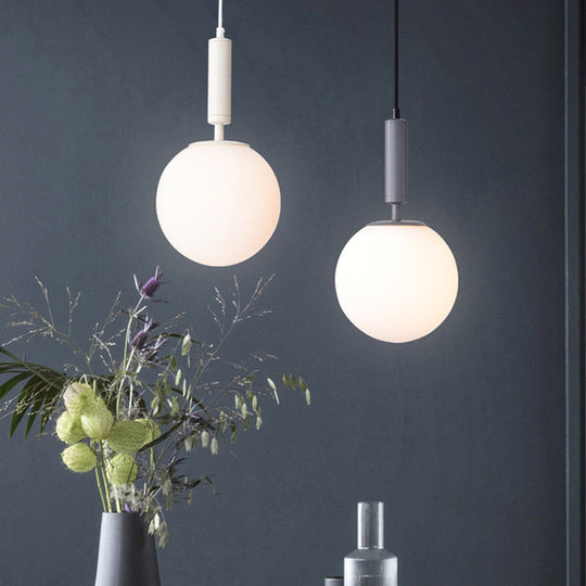 Modern 1-Head Globe Milk Glass Hanging Pendant Light For Study Room In Black/Grey/White