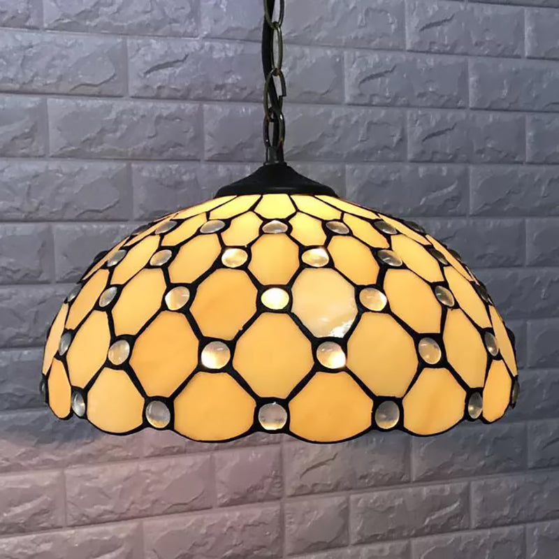 Brass 1-Head Tiffany Glass Pendant Light With Jewel - Multiple Sizes Available / 16’