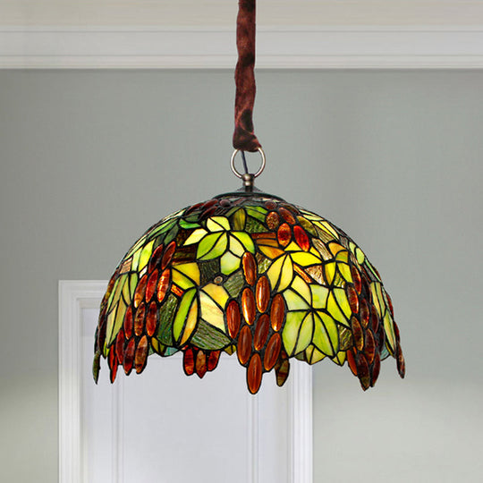 Tiffany-Style Stained Glass Grape Pendant Chandelier With 3 Green Lights
