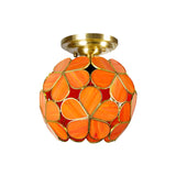 Victorian Style Single Light Flower Ceiling Fixture - White/Pink/Orange Stained Glass Semi Mount