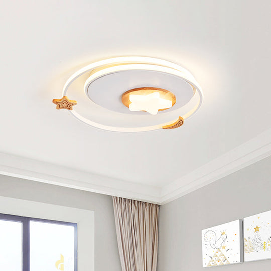 Modernist Acrylic Led White Flush Mount Lamp - Round Light Fixture With Star And Moon Decor