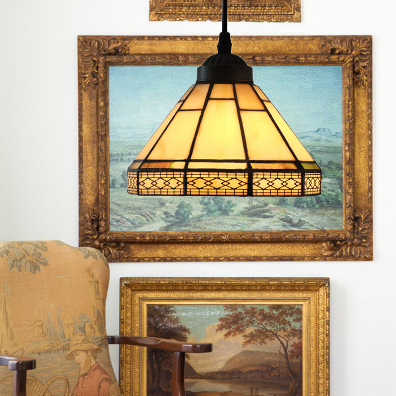 Mission Cut Glass Cone Hanging Light Fixture - Antique Brass Suspension Pendant (8’/12’/16’