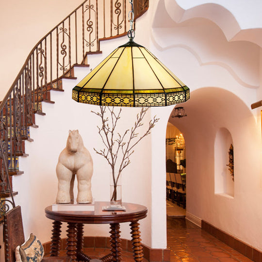 Mission Cut Glass Cone Hanging Light Fixture - Antique Brass Suspension Pendant (8’/12’/16’