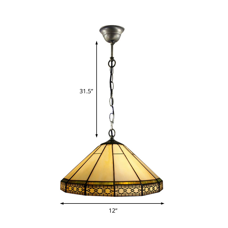 Mission Cut Glass Cone Hanging Light Fixture - Antique Brass Suspension Pendant (8’/12’/16’