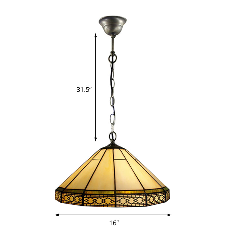 Mission Cut Glass Cone Hanging Light Fixture - Antique Brass Suspension Pendant (8’/12’/16’