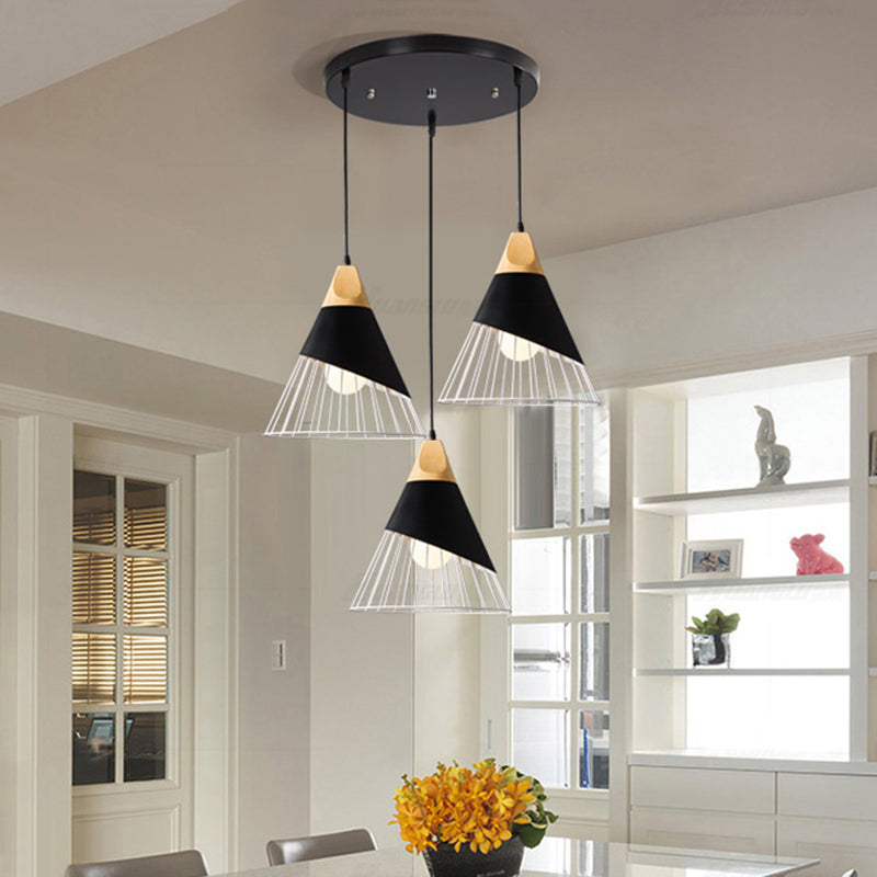Modern 3-Light Metal Pendant With Cone Cage Shade Black/White Suspension Lamp Black