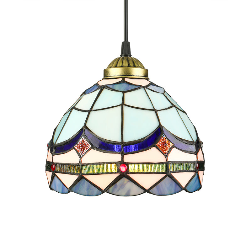 Dining Table Hanging Lights - Floral Shade Pendant Ceiling Lamp In Blue With Tiffany Style Art Glass