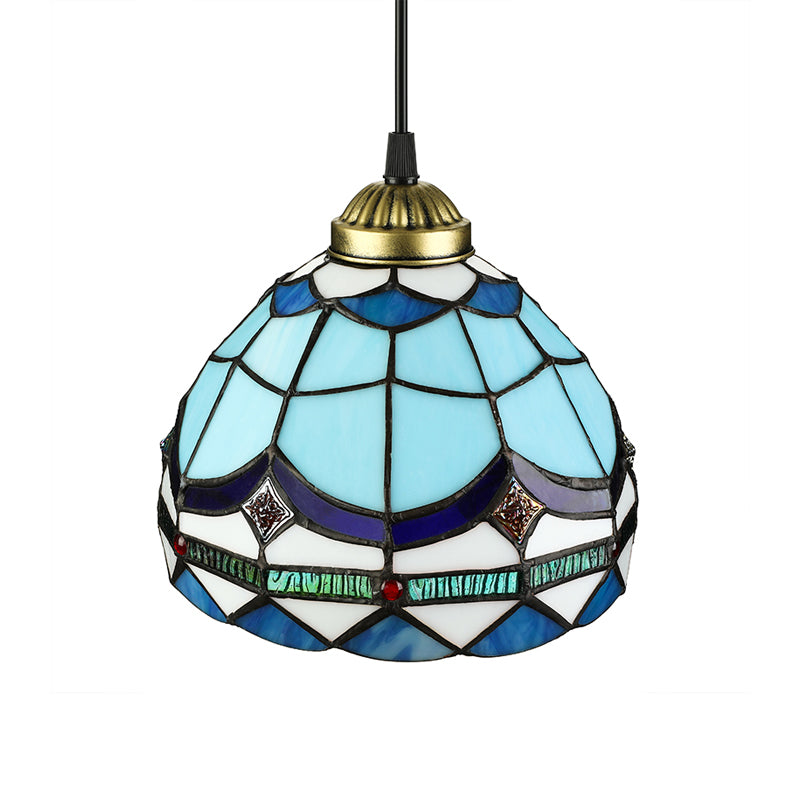 Dining Table Hanging Lights - Floral Shade Pendant Ceiling Lamp In Blue With Tiffany Style Art Glass