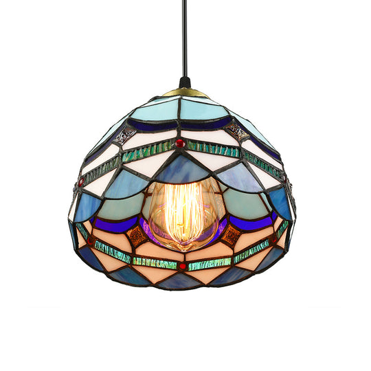 Dining Table Hanging Lights - Floral Shade Pendant Ceiling Lamp In Blue With Tiffany Style Art Glass