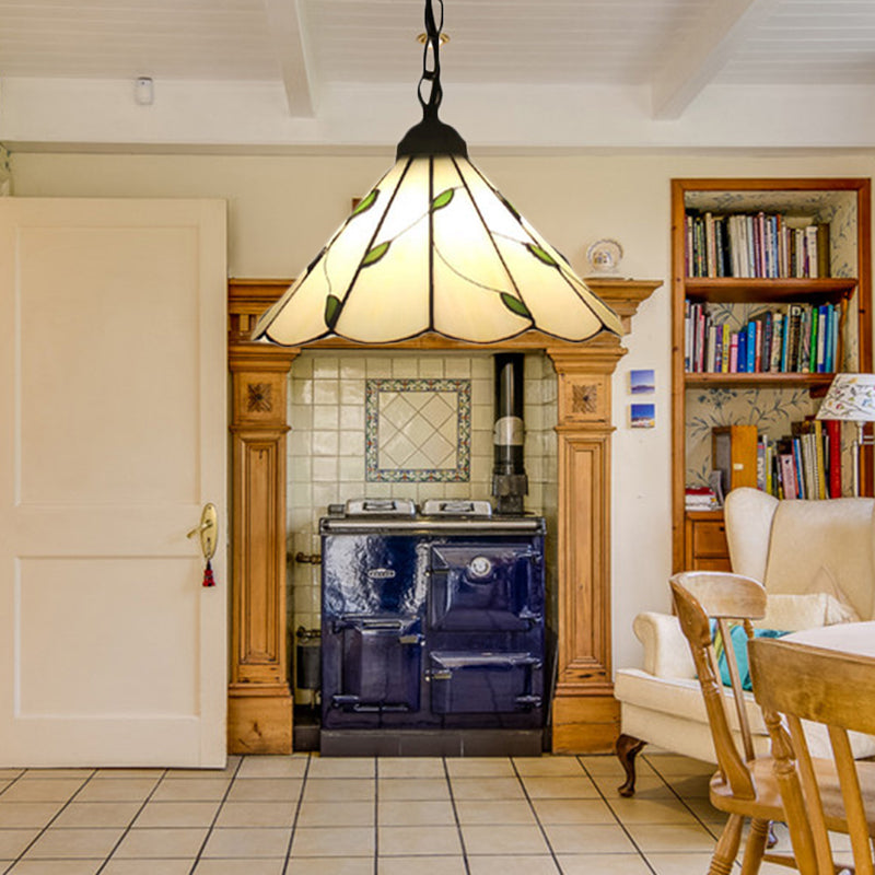 Tiffany-Style Cone Pendulum Light - Handcrafted Art Glass Suspension Lamp In Beige