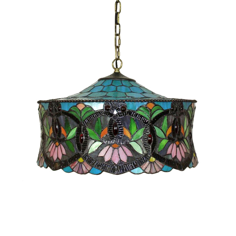 Victorian-Style Stained Glass Drum Pendant Light For Living Room - 18’ W