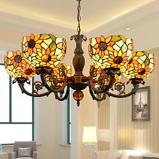Sunflower 6-Light Tiffany Style Stained Glass Chandelier - Ideal For Living Room Yellow / Dome