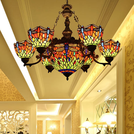 Dragonfly Tiffany Style Chandelier With Stained Glass Shade For Living Room