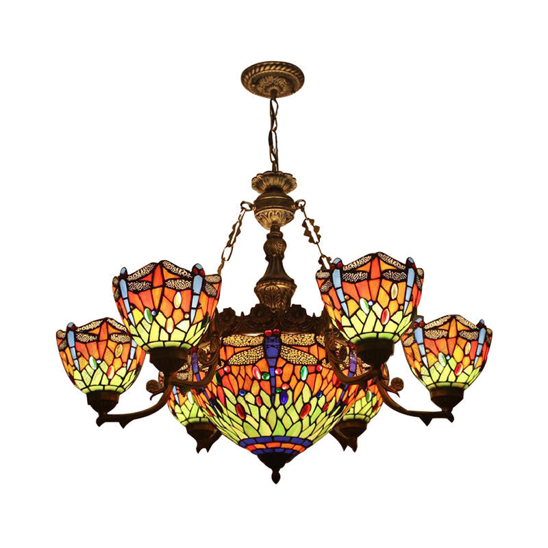 Dragonfly Tiffany Style Chandelier With Stained Glass Shade For Living Room