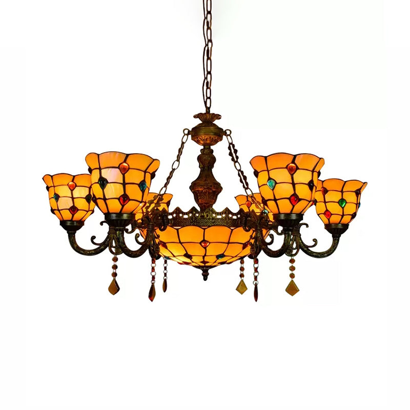 Aged Brass Chandelier With Tiffany Style Jewel Hanging Fixture For Dining Table