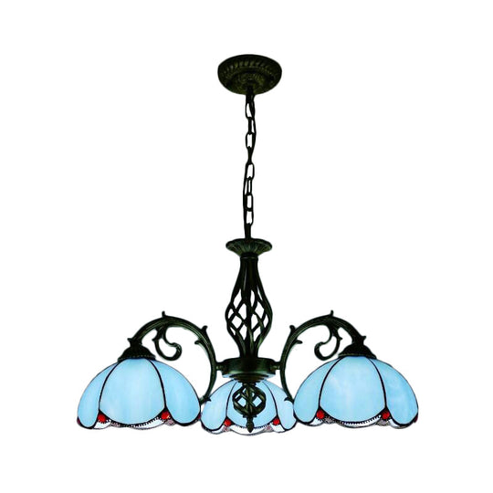 Blue Tiffany Chandelier - 3-Light Floral Pendant Lamp For Dining Table With Adjustable Chain