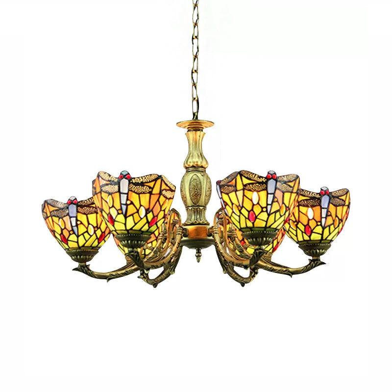 Dragonfly Tiffany Style Stained Glass Chandelier With 6 Lights In Antique Brass And Adjustable Chain