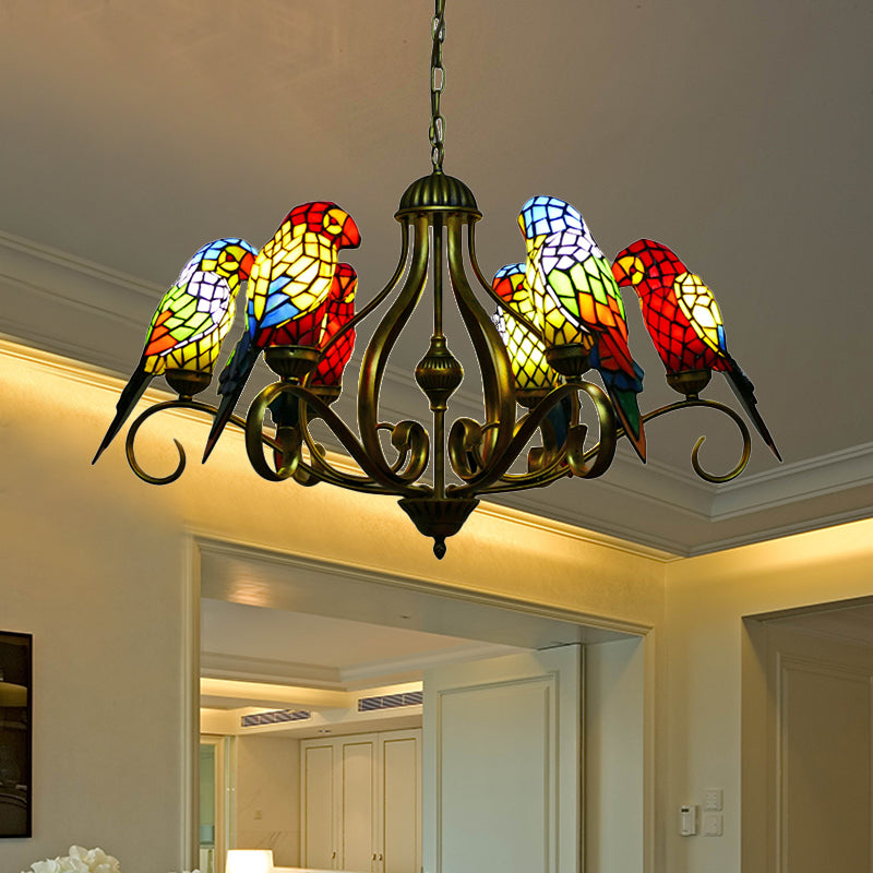 Tiffany-Style Parrot Stained Glass Chandelier In Antique Brass - Ideal For Dining Rooms 6 /