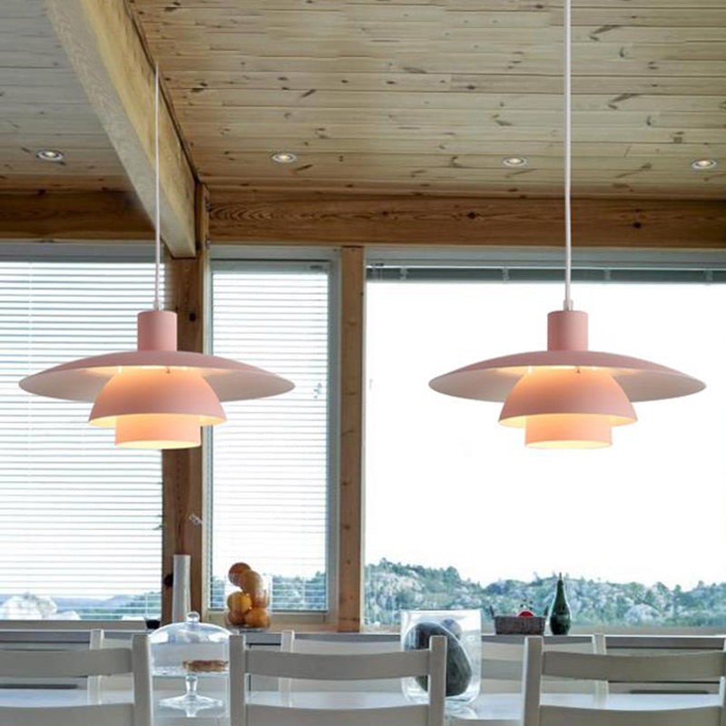 Nordic Metal Pendant Lamp With Tiered Design And Flared Shade - 1-Head Pink/White Hanging Lighting