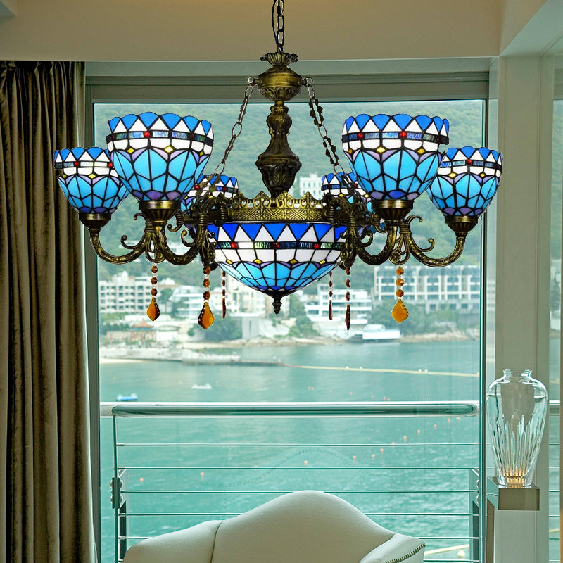 Blue Tiffany Chandelier With Amber Crystal And Jewel Detail For Dining Room Ceiling