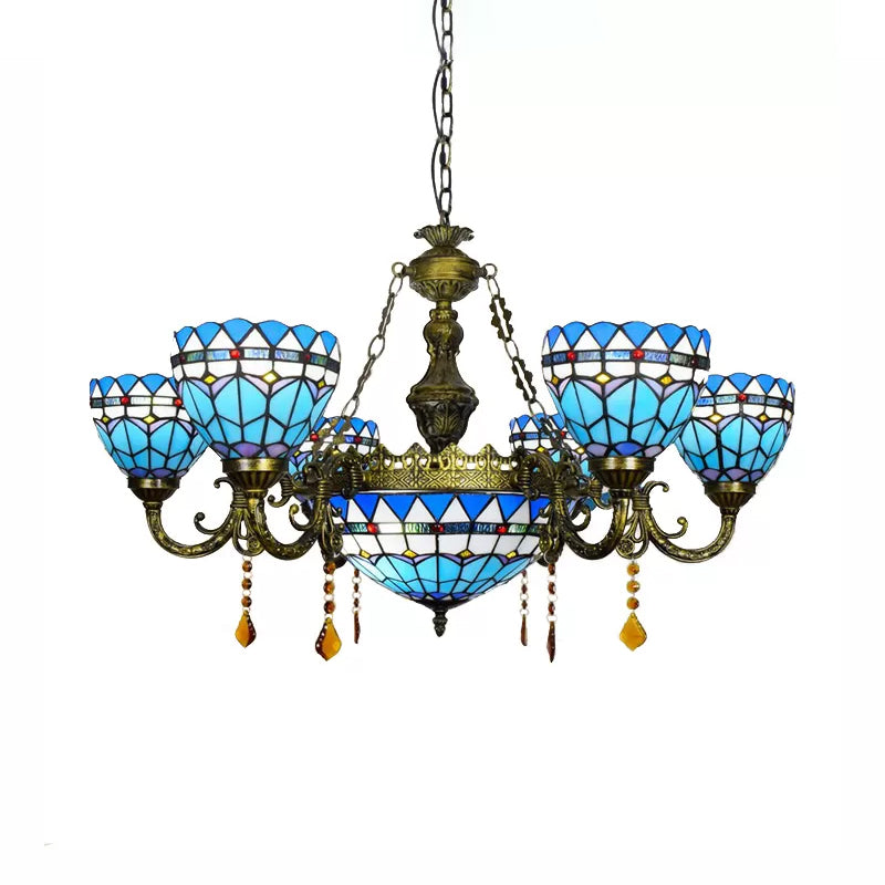 Blue Tiffany Chandelier With Amber Crystal And Jewel Detail For Dining Room Ceiling