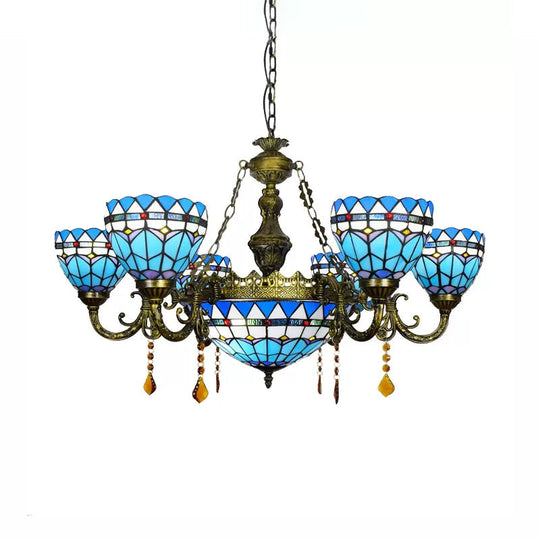 Tiffany Style Blue Chandelier With Amber Crystal And Jewel Accents For Dining Room Ceiling