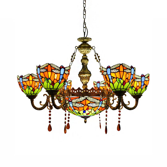 Dragonfly Stained Glass Chandelier With Amber Crystal Decor For Living Room