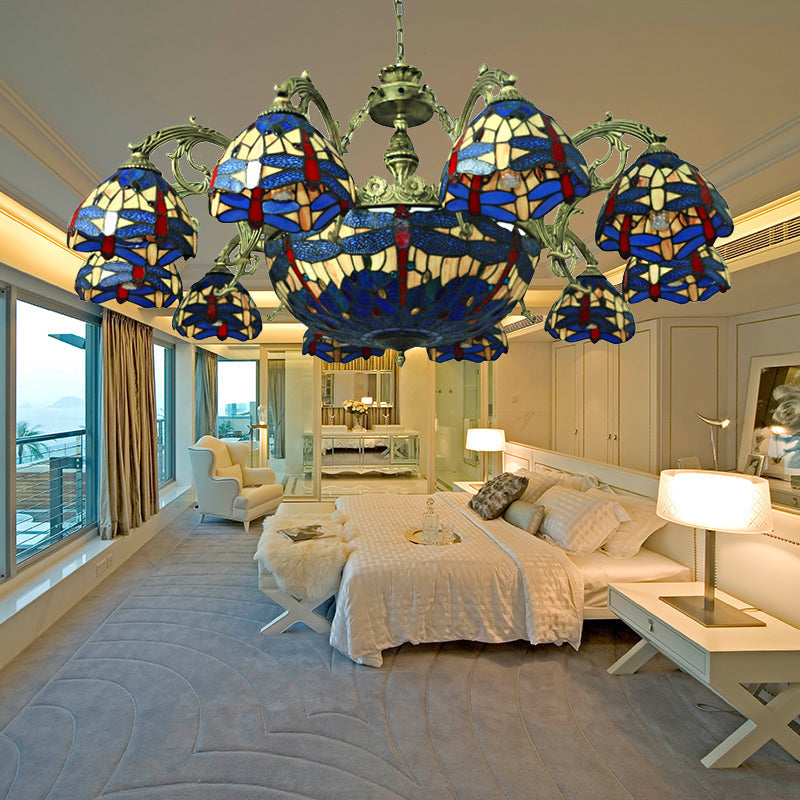 Dragonfly Chandelier With 11 Lights And Stained Glass Shade - Perfect For Living Room Blue