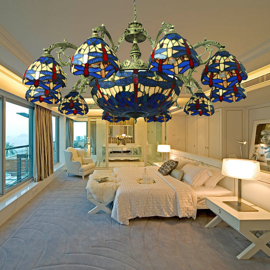 Dragonfly Chandelier With 11 Lights And Stained Glass Shade - Perfect For Living Room Blue
