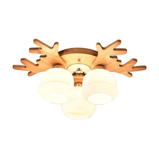 White Bud Shade Ceiling Mount Light With Beige Antlers - Kid Bedroom’s Lovely Wooden Lamp