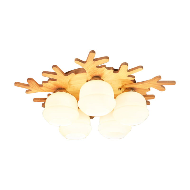 White Bud Shade Ceiling Mount Light With Beige Antlers - Kid Bedroom’s Lovely Wooden Lamp