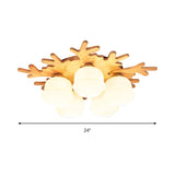 White Bud Shade Ceiling Mount Light With Beige Antlers - Kid Bedrooms Lovely Wooden Lamp