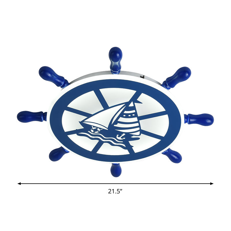 Blue Nautical Rudder Flushmount Led Ceiling Lamp For Boys Bedroom: Warm/White Light