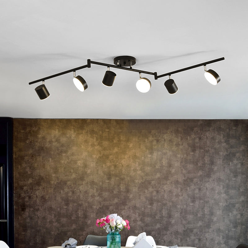 Modern Metal Drum Semi - Mount Ceiling Light Fixture With 6 Led Lights - Black Linear Design