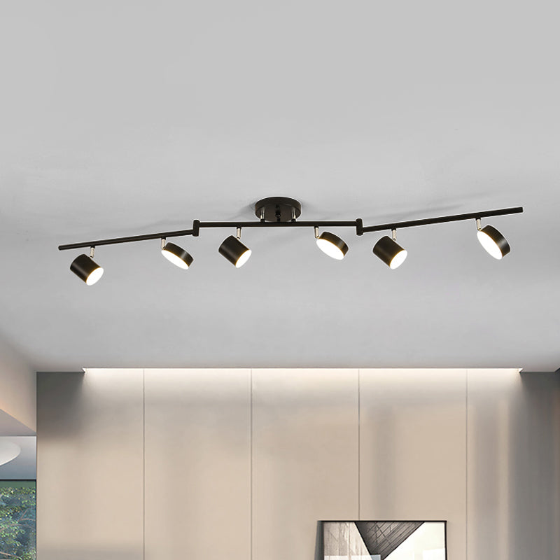 Modern Metal Drum Semi - Mount Ceiling Light Fixture With 6 Led Lights - Black Linear Design