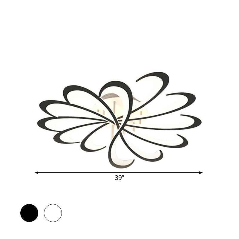 Modern Metallic Floral Flush Mount Led Ceiling Light In Black/White With Warm/White Glow