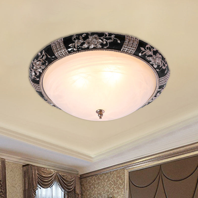 Rural Black Domed Flush Mount Lamp With Frosted Glass Ceiling And Leave/Flower Deco 3 - Light