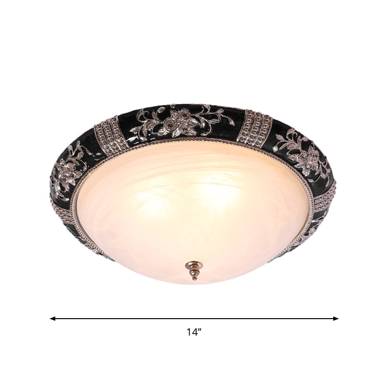 Rural Black Domed Flush Mount Lamp With Frosted Glass Ceiling And Leave/Flower Deco 3 - Light