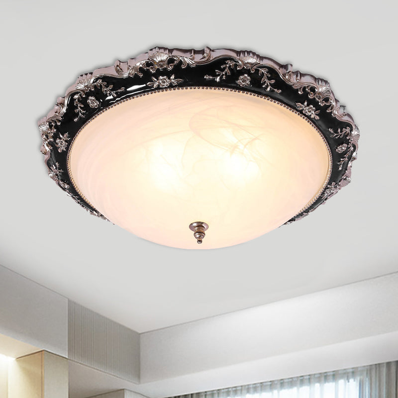 Rural Black Domed Flush Mount Lamp With Frosted Glass Ceiling And Leave/Flower Deco 3 - Light