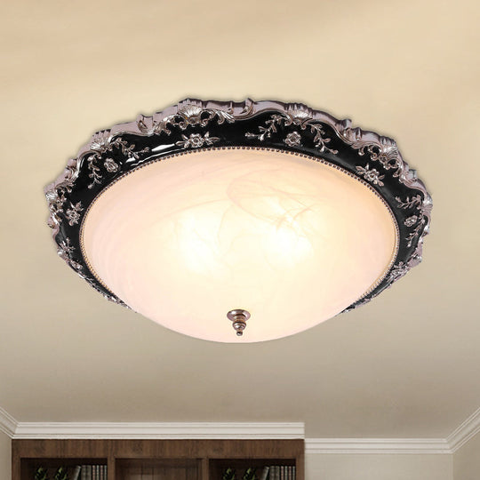 Rural Black Domed Flush Mount Lamp With Frosted Glass Ceiling And Leave/Flower Deco 3-Light 14/19.5