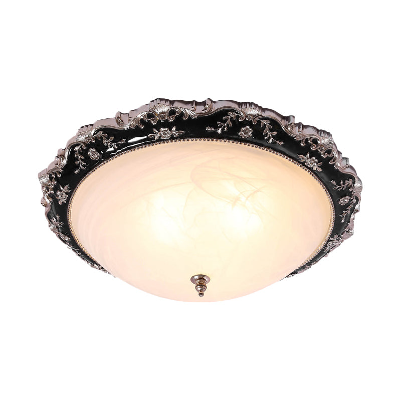 Rural Black Domed Flush Mount Lamp With Frosted Glass Ceiling And Leave/Flower Deco 3-Light 14/19.5