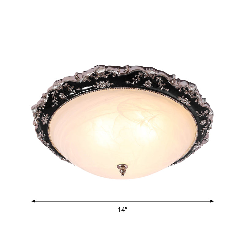 Rural Black Domed Flush Mount Lamp With Frosted Glass Ceiling And Leave/Flower Deco 3-Light 14/19.5
