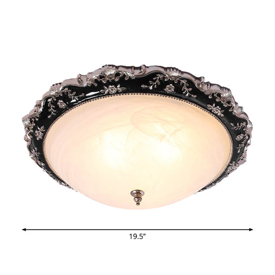 Rural Black Domed Flush Mount Lamp With Frosted Glass Ceiling And Leave/Flower Deco 3 - Light