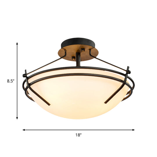Traditional Black Glass Ceiling Light Fixture With 3 Opaque Heads For Bedroom Bowl Semi - Flush