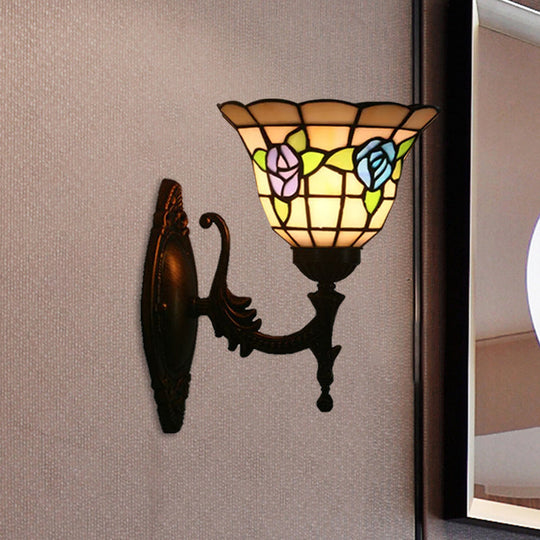 Tiffany Style Stained Glass Wall Sconce With Flared Design - Red/Pink/Blue Floral Pattern