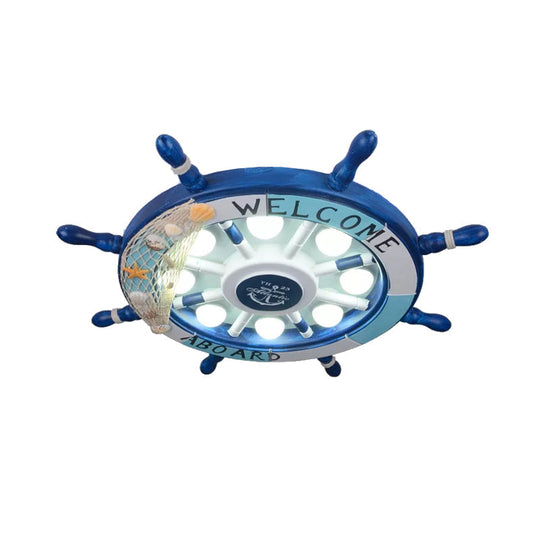 Nautical 8-Light Metal Ceiling Lamp In Blue For Kindergarten Rooms With Rudder Design
