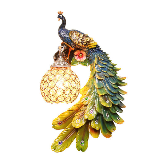 Peacock Wall Sconce - Single Head Cottage White/Red/Blue Resin Light Fixture With Crystal Shade
