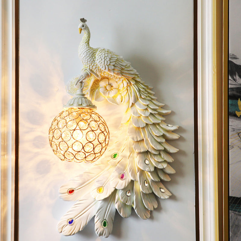 Peacock Wall Sconce - Single Head Cottage White/Red/Blue Resin Light Fixture With Crystal Shade