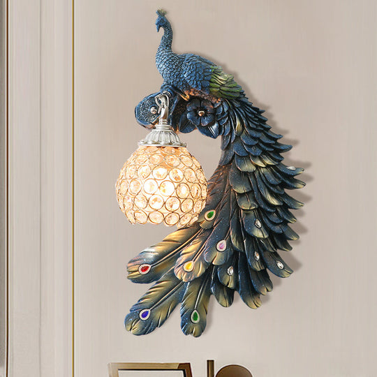 Peacock Wall Sconce - Single Head Cottage White/Red/Blue Resin Light Fixture With Crystal Shade